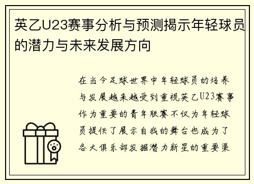 英乙U23赛事分析与预测揭示年轻球员的潜力与未来发展方向